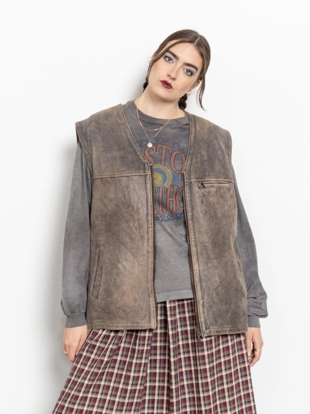 LEATHER VEST Toskana Vintage Fleece Lining Soft Winter Jacket Brown Patina